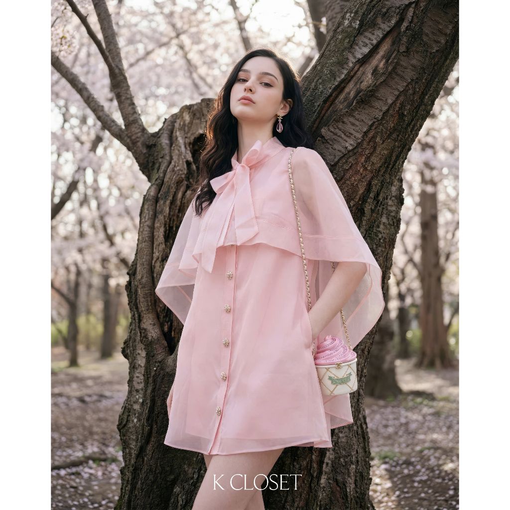 Set 2 món áo phối nơ kèm quần short (không kèm khăn choàng), thời trang thiết kế K Closet S6002