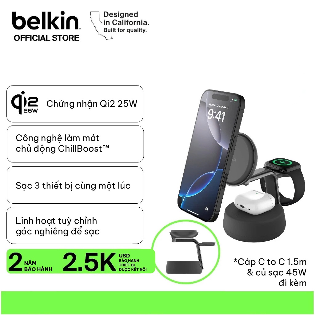 Đế sạc không dây Belkin chuẩn Magsafe 3-in-1 Qi2.2 25W sạc nhanh không dây cho thiết bị iPhone, Airp