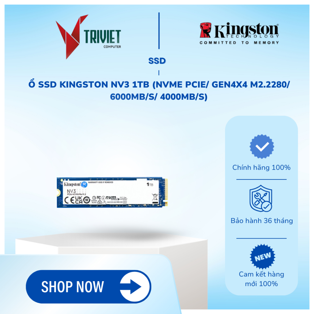 Ổ SSD Kingston NV3 1TB (NVMe PCIe/ Gen4x4 M2.2280/ 6000MB/s/ 4000MB/s)