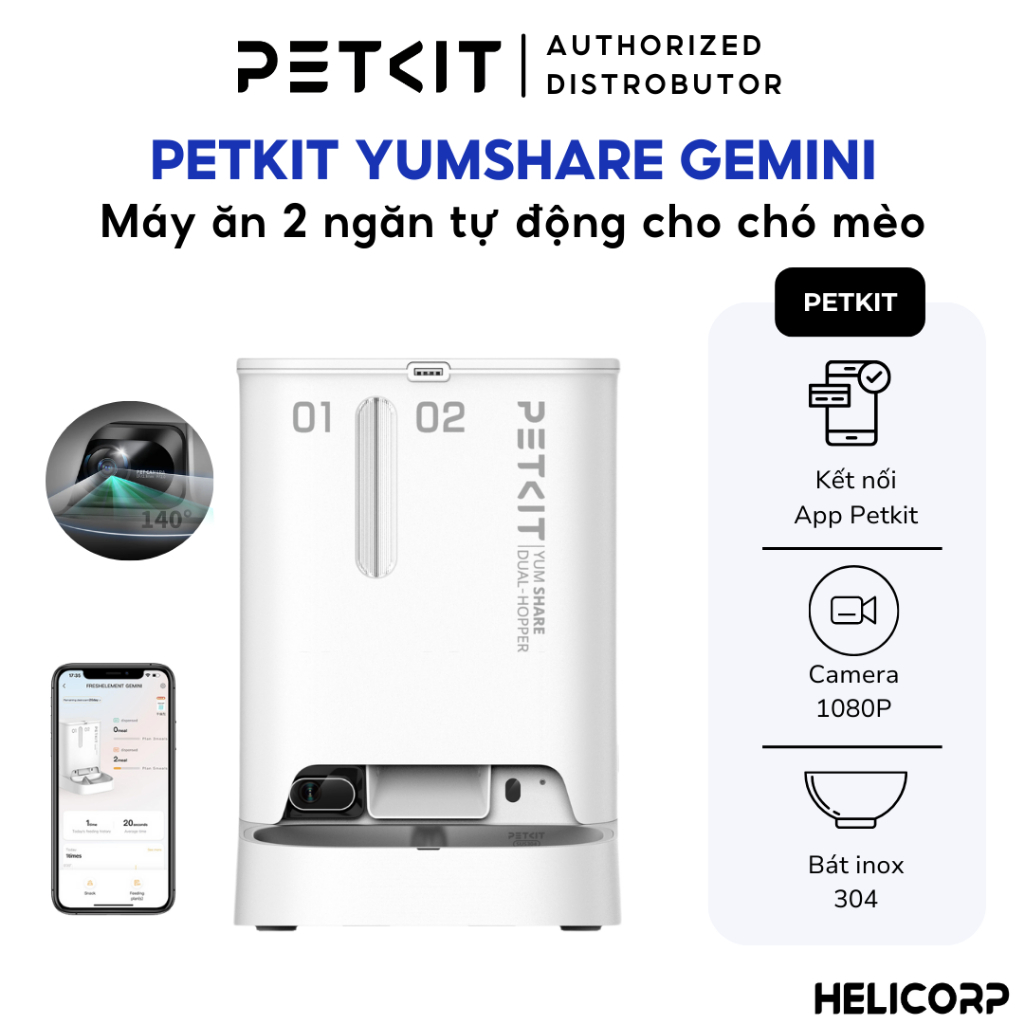 Máy Cho Chó Mèo Ăn Tự Động Có Camera Petkit YumShare Gemini - 2 Ngăn, 5L - HeLiCorp