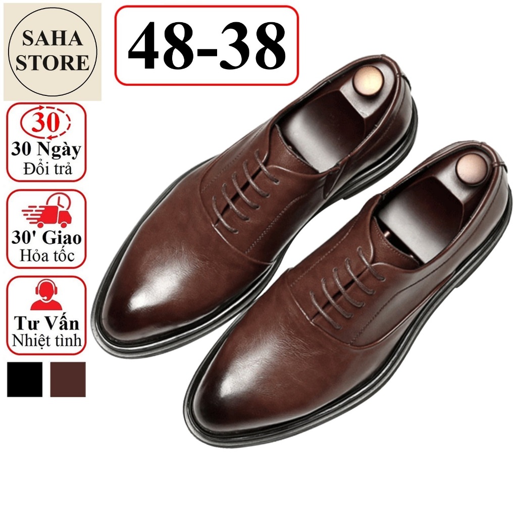 Giày tây nam công sở derby bigsize SAHA115 giầy da bò thật cao cấp đen nâu da bóng buộc dây cỡ to lớn 45 46 47 48