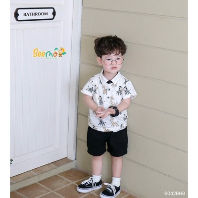 Set polo Beemo phối cổ in tràn hình dễ thương vải thun có giãn mềm mai cho bé đi học, đi chơi 6042BHB