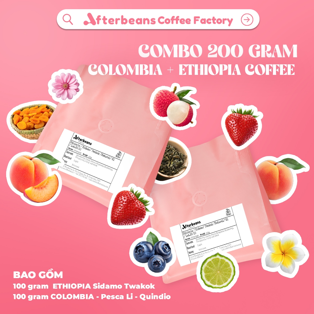 (LIMITED) COMBO PEACH COFFEE - 100 gram ETHIOPIA Sidamo Twakok + 100 gram COLOMBIA - Pesca Li - Quin