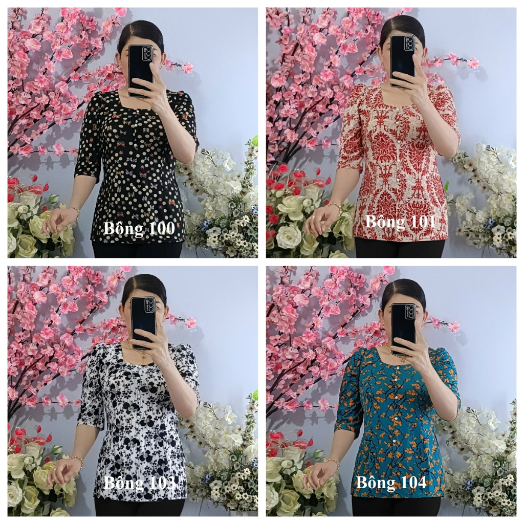 Áo Lẻ_ Bà Ba Bông Cổ Vuông Tay Lỡ (Thun Lưới) -- Không Quần