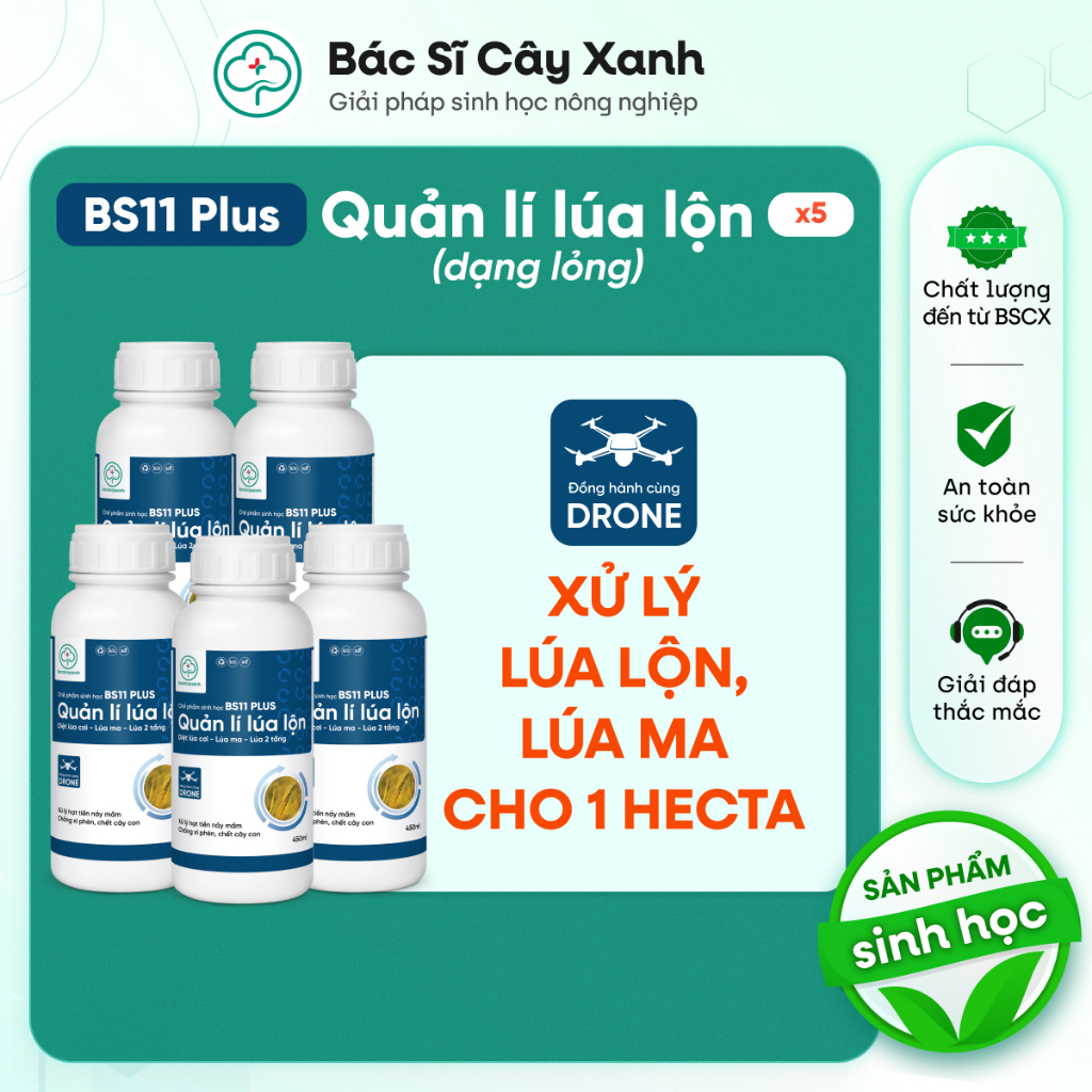 Combo 5 Chai BS11 Plus Quản Lý Lúa Lộn 450ml Dạng Lỏng - Diệt Lúa Cỏ Lúa 2 Tầng - Bác Sĩ Xây Xanh