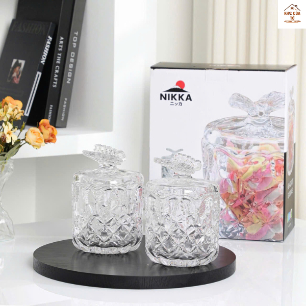 Set 2 hũ đựng mứt thủy tinh, hũ đựng kẹo cao cấp, hũ decor bàn trà, hũ hồ điệp, hũ đựng bánh kẹo Nik