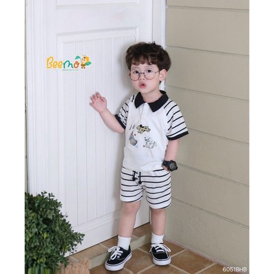 Set polo Beemo phối tay raglan in hình chú chó  vải thun có giãn mềm mai cho bé đi học, đi chơi 6051BHB