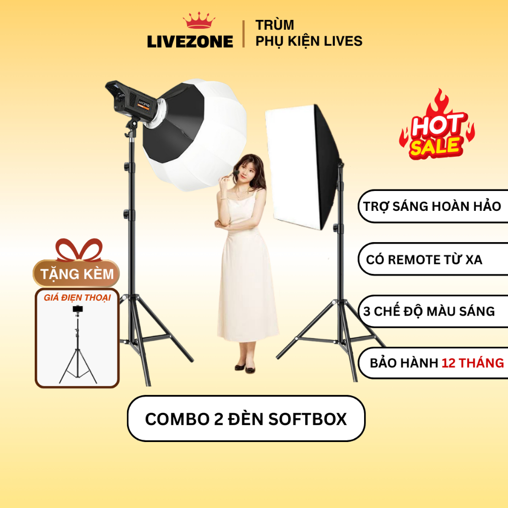 Bộ Đèn Trợ Sáng Livestream Combo 2 Đèn Cầu Và Vuông Trợ Sáng Dành Cho Studio Bán Hàng Công Suất 400w Chân 2m8