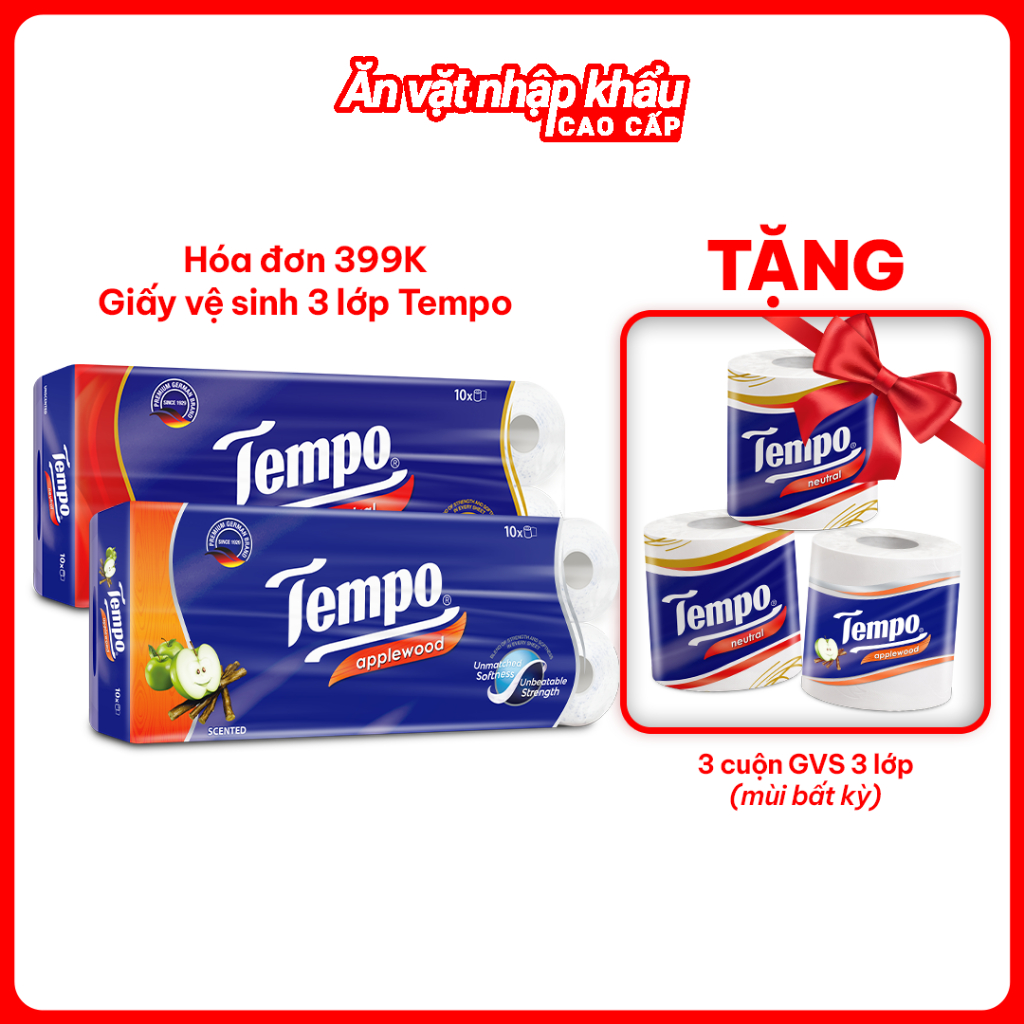 [1 LỐC GVS 3 LỚP] Giấy Vệ Sinh Cao Cấp Tempo Toipa 3 Lớp Bền Dai, An Toàn Cho Da (10 Cuộn)