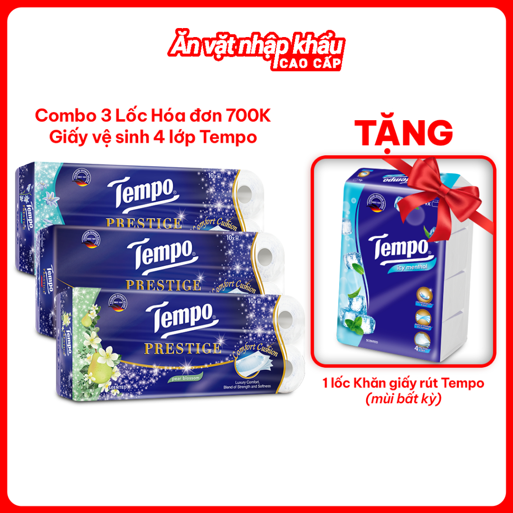 [COMBO 3 LỐC GVS 4 LỚP] Giấy Vệ Sinh Prestige TEMPO Bền Dai Diệt Khuẩn - Thương Hiệu Đức