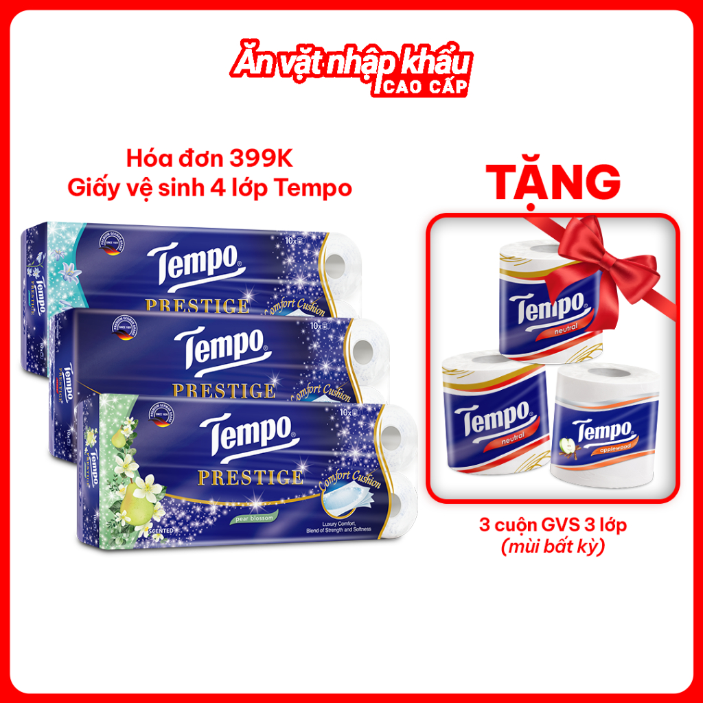 [1 LỐC GVS 4 LỚP] Giấy Vệ Sinh Prestige TEMPO Bền Dai Diệt Khuẩn - Thương Hiệu Đức