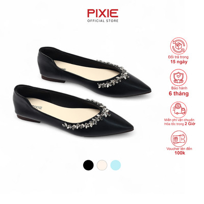 Giày Búp Bê Nữ Mũi Nhọn Đế Bệt Đính Đá Pha Lê Sang Trọng Thời Trang Pixie H409