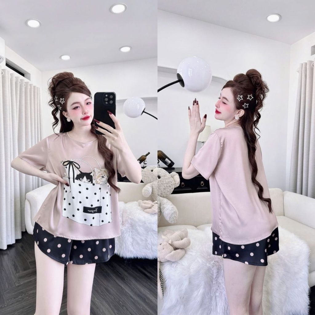 Đồ Ngủ Pijama Cổ Tròn, Đồ Ngủ Nữ Lụa Latin In 3D cao cấp mềm mại xinh xắn < 65Kg | BigBuy360 - bigbuy360.vn