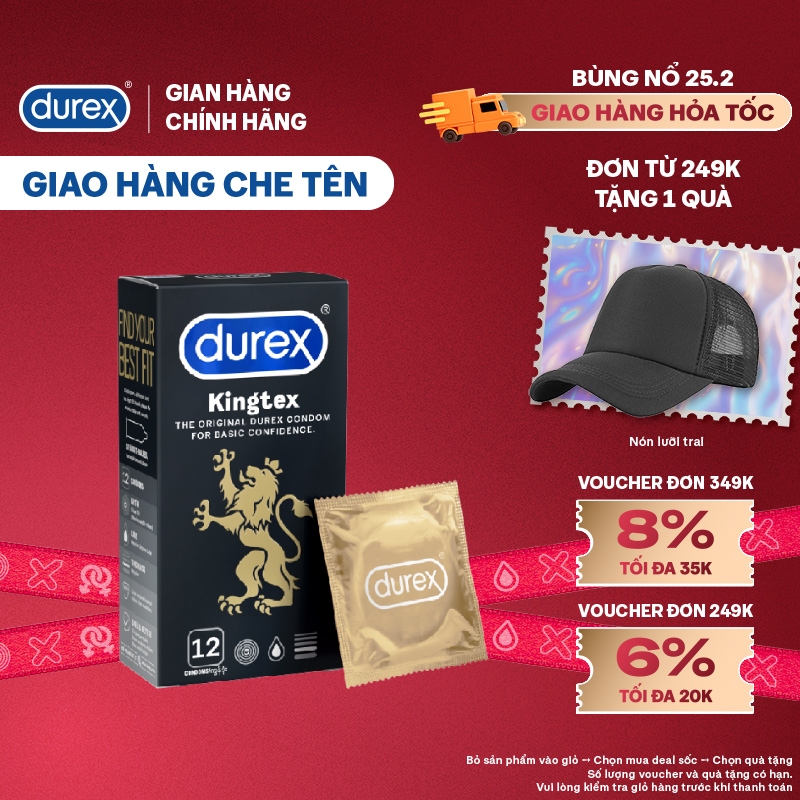 Bao cao su Durex Kingtex ôm sát, bôi trơn, size 49mm, hộp 12 bao | BigBuy360 - bigbuy360.vn