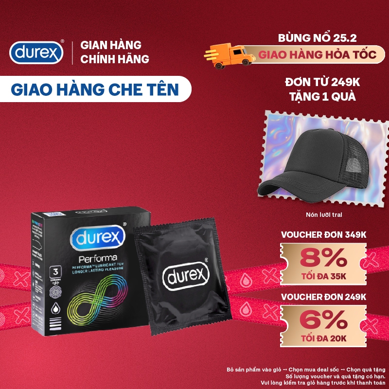 Bao cao su Durex Performa kéo dài thời gian, size 52mm, 3 bao/hộp) | BigBuy360 - bigbuy360.vn