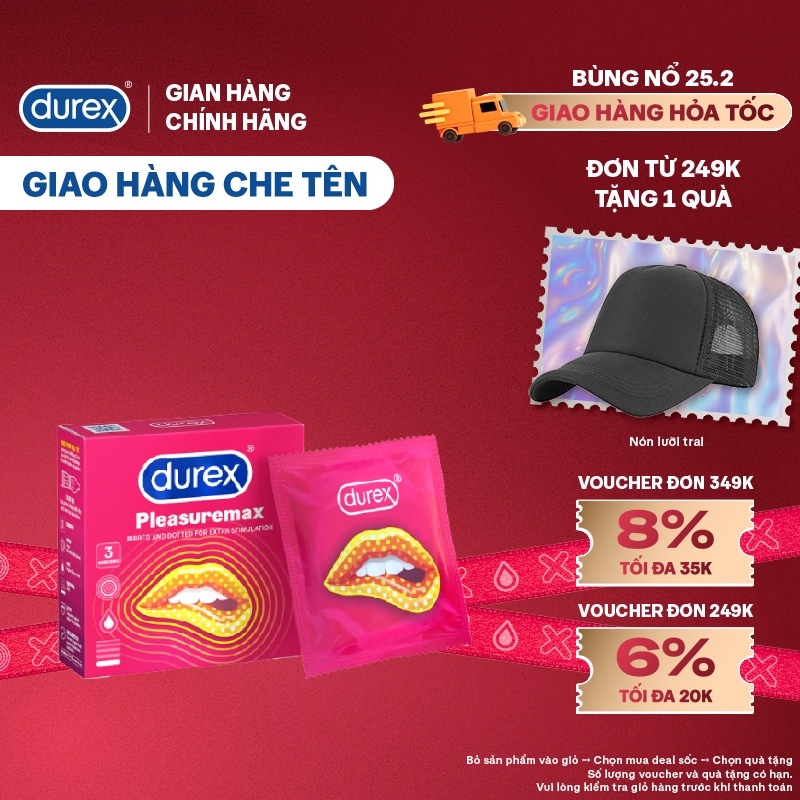 Durex Pleasuremax gân gai tăng khoái cảm, size 56mm, hộp 3 bao | BigBuy360 - bigbuy360.vn