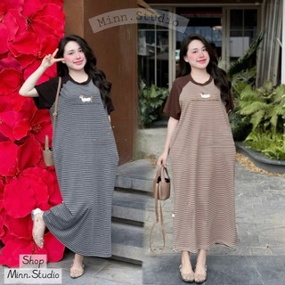 [Minn.Studio]-T28 Váy Cotton Kẻ Pha Tay In Hình Cún. Chất Thun Cotton Mềm,Co Dãn Nhiều (Hàng Chuẩn Mẫu)
