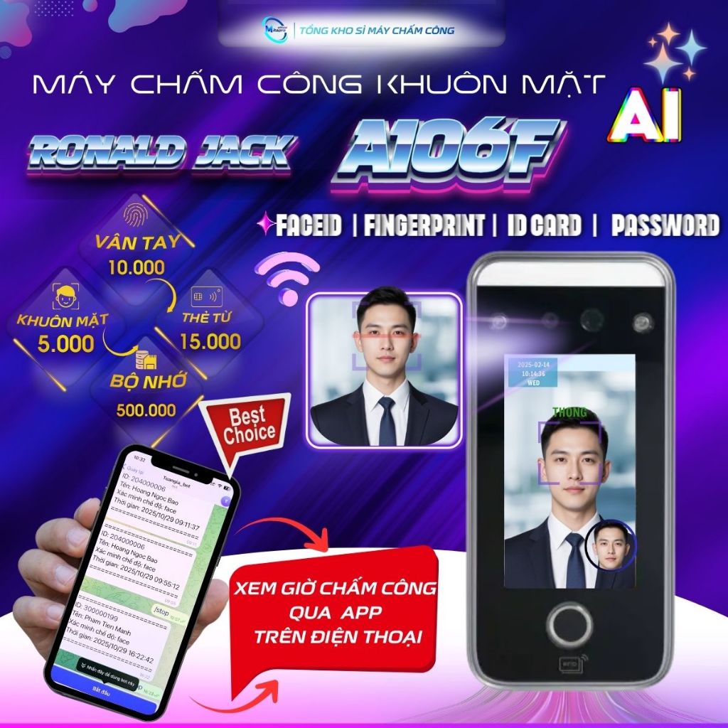 Máy chấm công Khuôn mặt công nghệ Ai [ AI06F ] chấm cực nhạy, kết nối wifi, em giờ nhanh qua app điệ
