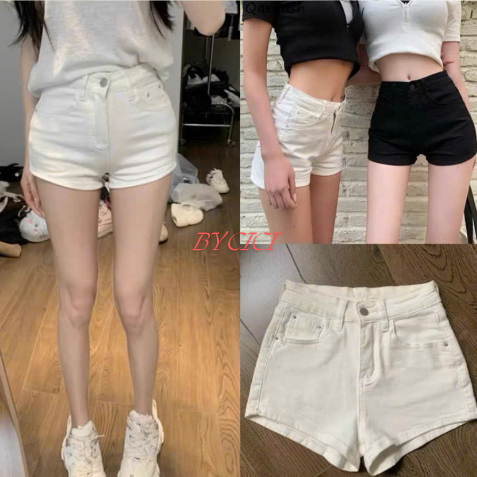 Quần Short nữ Lưng Cao Denim Vải Jaen Co Giãn Basic 2 màu Đen Trắng cho Nữ Cao Cấp Phong Cách Thời T
