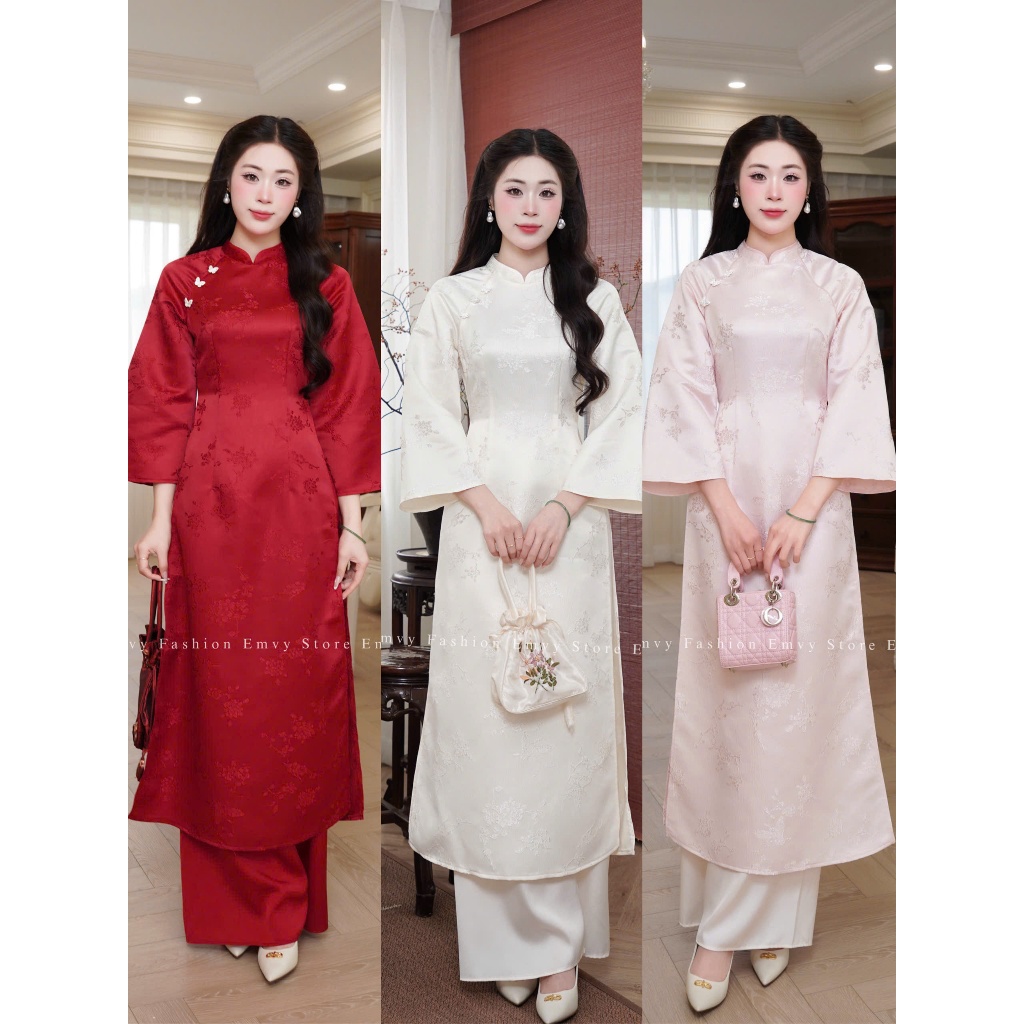 Áo dài cách tân cổ sen Basic sang trọng, tinh tế , Áo cách tân thiết kế Emvy Fashion H49.1