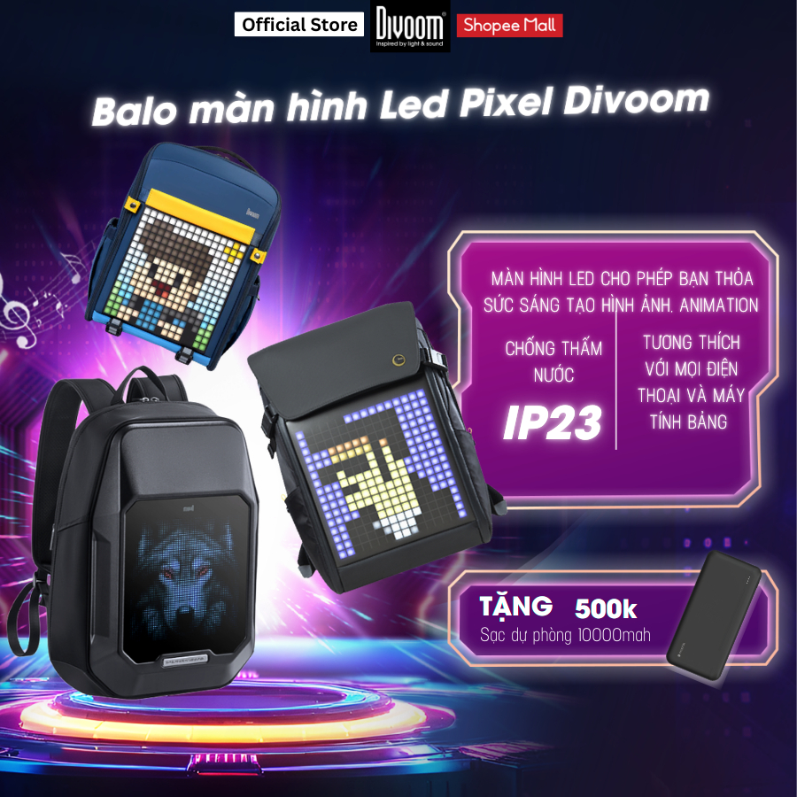 Balo Divoom màn hình LED, ngăn chứa 15.6inch, chống va đập kháng nước, bảo hành 1 năm