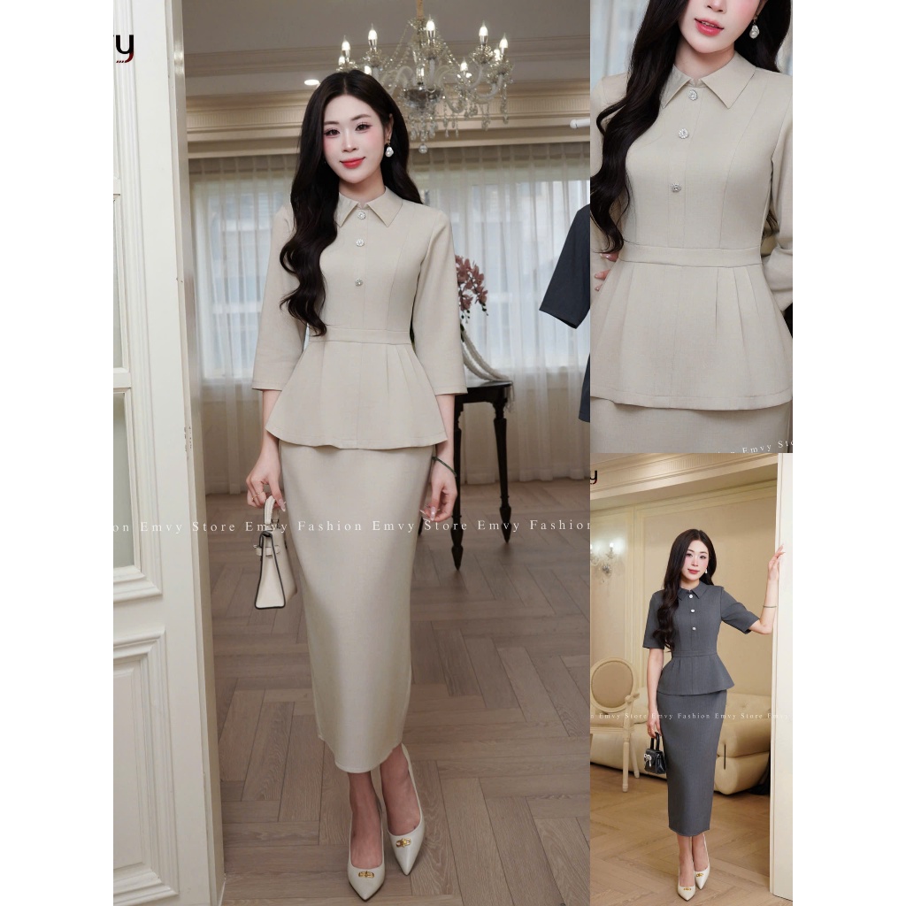 Set áo kèm chân váy nữ công sở, Váy nữ công sở nữ thiết kế sang trọng Emvy Fashion S203.1