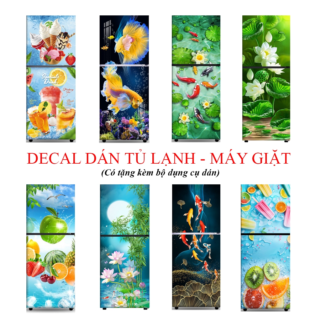 Decal dán tủ lạnh máy giặt bề mặt phủ bóng chống nước, dai bền, không bay màu, gửi kèm bộ dụng cụ dán