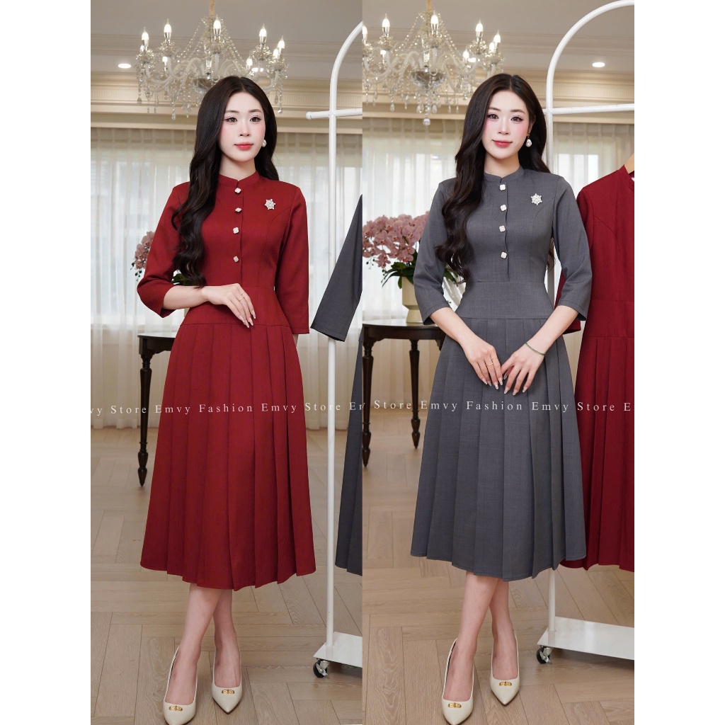 Váy nữ công sở thiết kế , Váy công sở nữ cổ tàu sang trọng , kín đáo Emvy Fashion K75