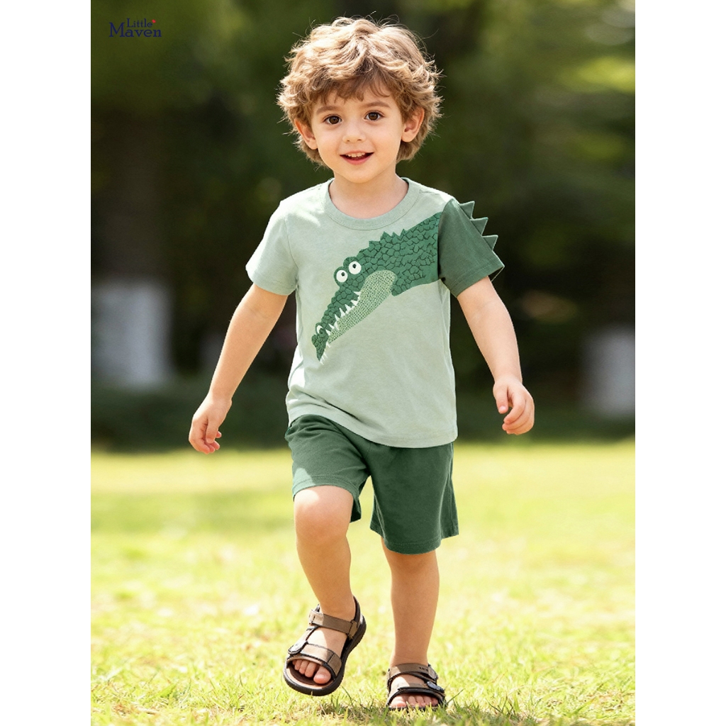 [Little Maven] Bộ thun cotton ngắn tay Little Maven dành cho bé trai mùa hè mới hoạt hình khủng long