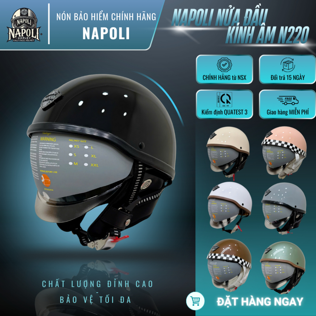Mũ Bảo Hiểm Napoli Nhật 1/2 Kính Âm CHÍNH HÃNG - FREESHIP - Nón Bảo Hiểm Napoli Nửa Đầu Kính ÂM N220