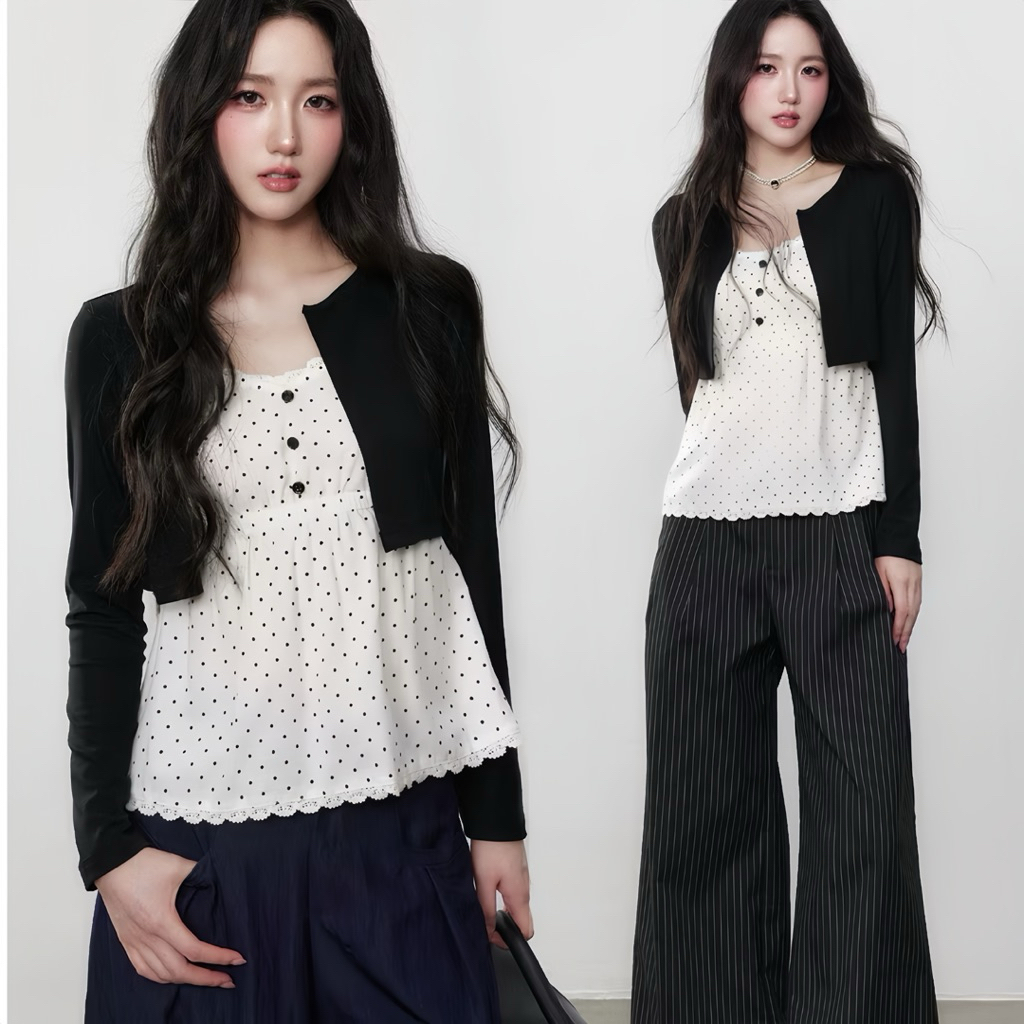Áo 2 dây chấm bi phối cardigan croptop tay dài phong cách ulzzang nữ tính mặc Đi Biển, đi chơi, đi du lịch- XM Minh Phúc