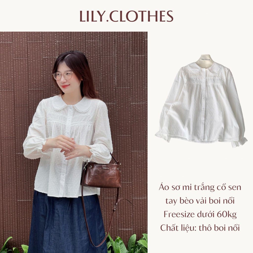 Lily.clothes- Áo sơ mi nữ dài tay cổ sen mix viền ren điệu đà tay nhún bèo (A36)