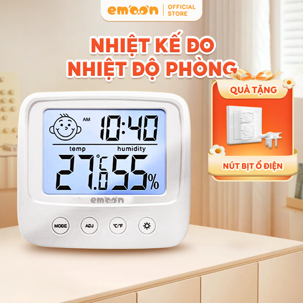 Nhiệt kế đo nhiệt độ phòng điện tử EMOON 4 trong 1 đo nhiệt độ, độ ẩm, báo thời gian, cảnh báo cảm xúc có đèn led