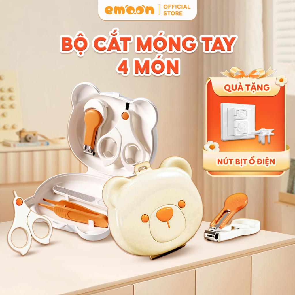 Bộ bấm móng tay 4 chi tiết Emoon cho trẻ em hình gấu, chống kẹp thịt an toàn, tiện lợi cho trẻ sơ sinh