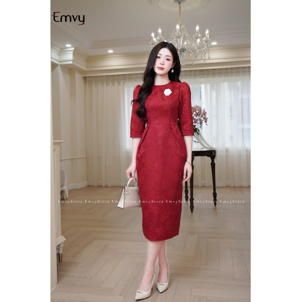 Đầm nữ công sở, Đầm thiết kế chất liệu gấm sang trọng,phối nơ tinh tế Emvy Fashion k74