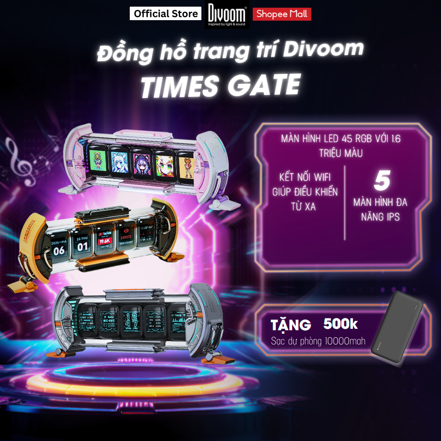 Đồng hồ kỹ thuật số Times Gate Divoom 5 màn hình LED IPS 45 RGB 1.6 triệu màu kết nối WIFI - BH 12 t