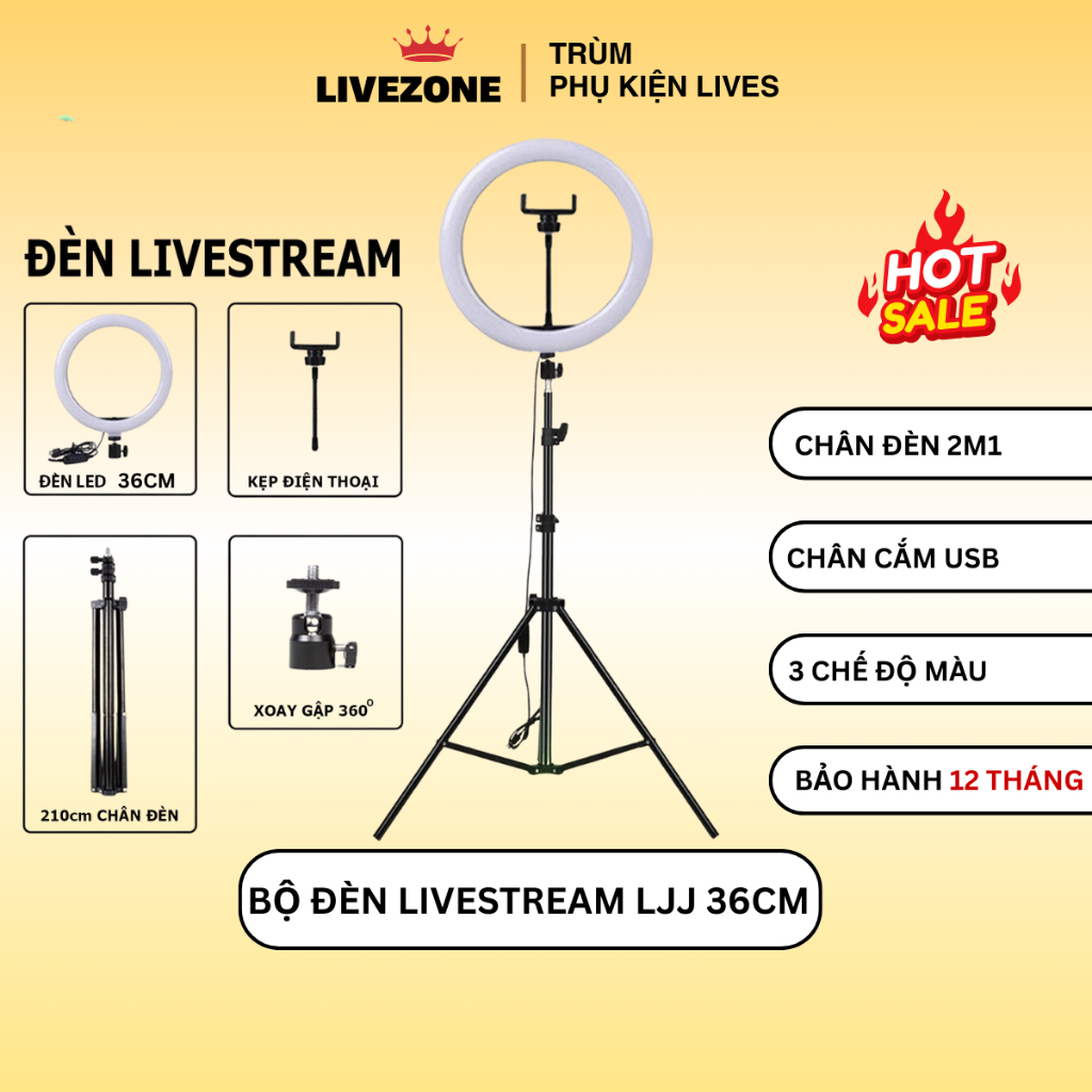 Đèn live stream LJJ-36 1 kẹp điện thoại trợ sáng bán hàng,dạy online,makeup đường kính 36cm kèm chân