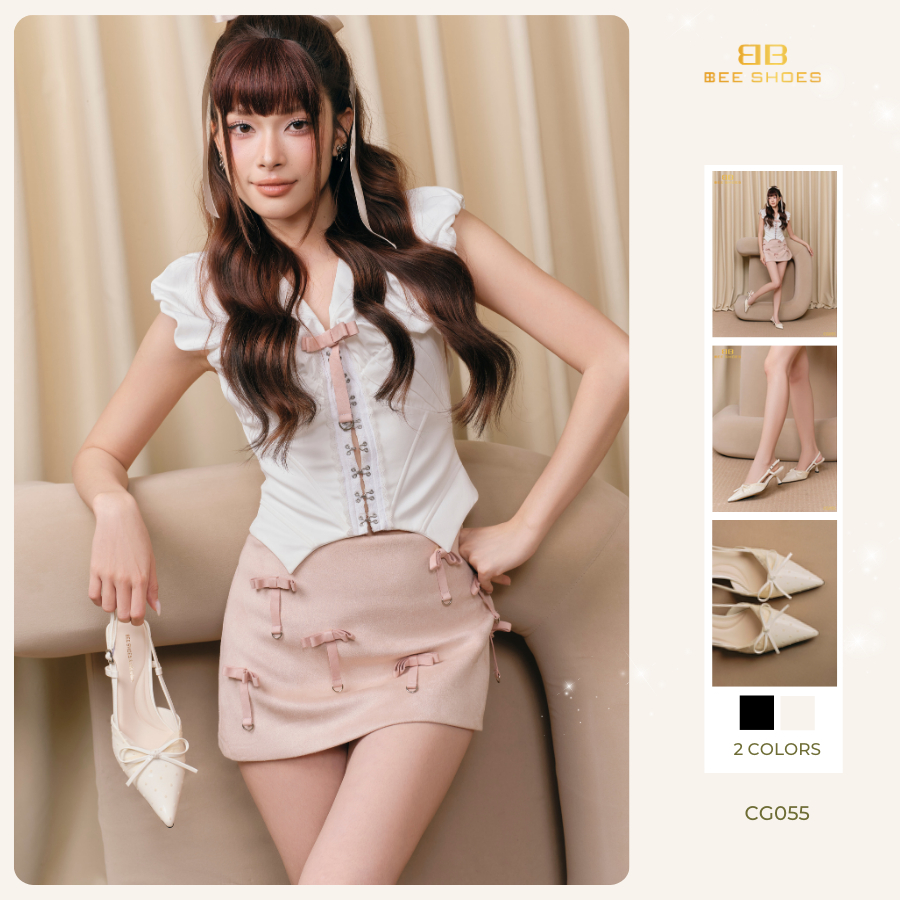 (BST Hương Ngọc Ngà) Giày cao gót nữ BEESHOES mũi nhọn gót nhọn cao 7 phân sẵn màu kem - đen CG055 (From 1.5)