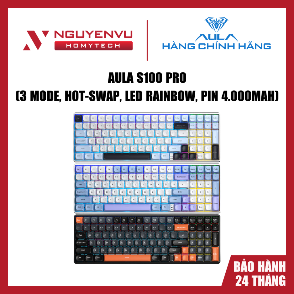 [Full VAT] Bàn phím cơ AULA S100 Pro - 3 Mode Kết nối - Gasket Mount - Hot-swap - Chính hãng