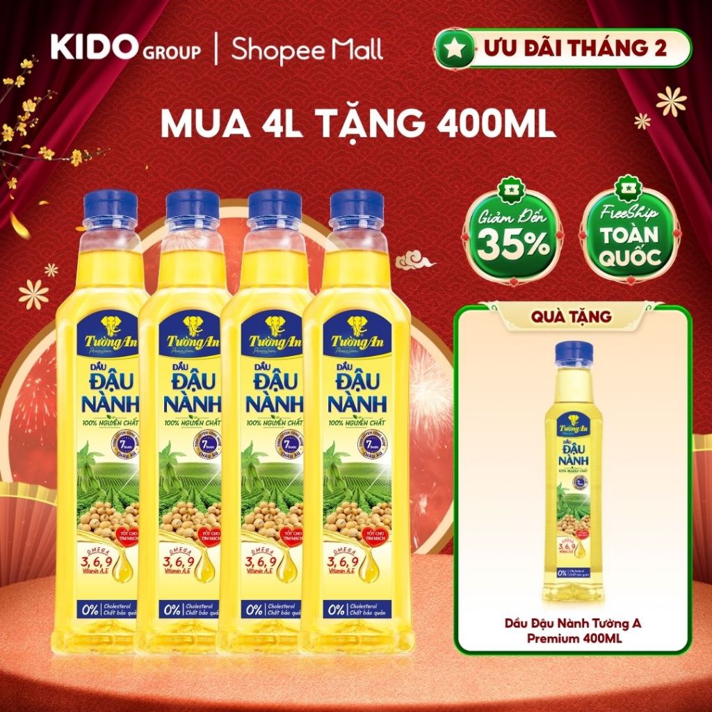 QUÀ THÊM ĐƠN TỪ 300K [TẶNG 1 CHAI 400ML] Combo 4 chai Dầu Đậu Nành 1L Tường An Premium