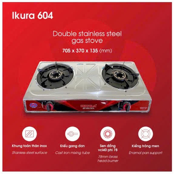 Bếp Đôi Inox Tiết Kiệm 30% Gas - Toàn thân inox bền đẹp bếp gas đôi IKURA IV604