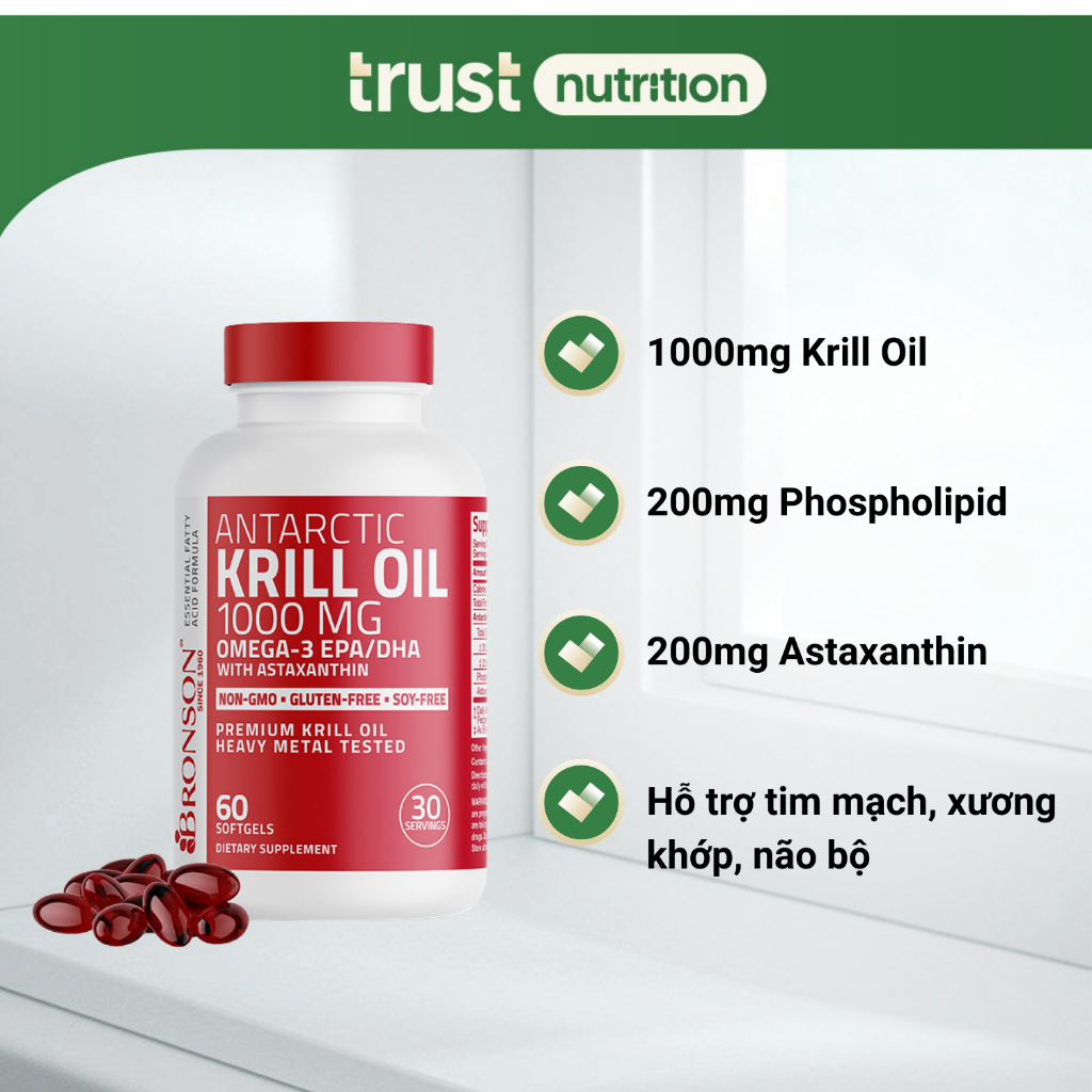Dầu nhuyễn thể Bronson Antarctic Krill Oil Omega-3 EPA/DHA, hỗ trợ sức khỏe
