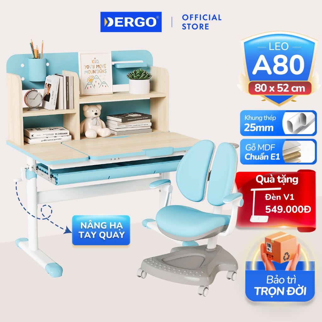 [Quà + Voucher 800K] Bộ Bàn Ghế Học Sinh DERGO LEO A80 + Ghế C5D Bàn Học Thông Minh Chống Gù Chống Cận Nâng Hạ Cho Bé