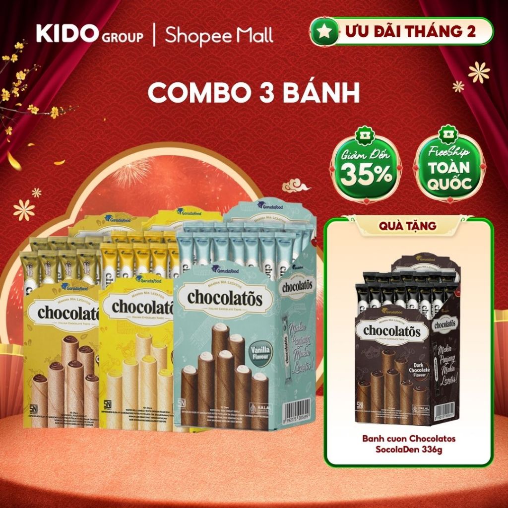[Tặng 1 hộp vị Socola đen] Combo 3 bánh cuộn Chocolatos Vani + Phô mai + Socola | Kido Group