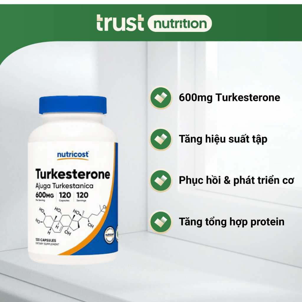 Viên uống Nutricost Turkesterone - Ajuga Turkestanica, 600 mg, hỗ trợ phục hồi và phát triển cơ