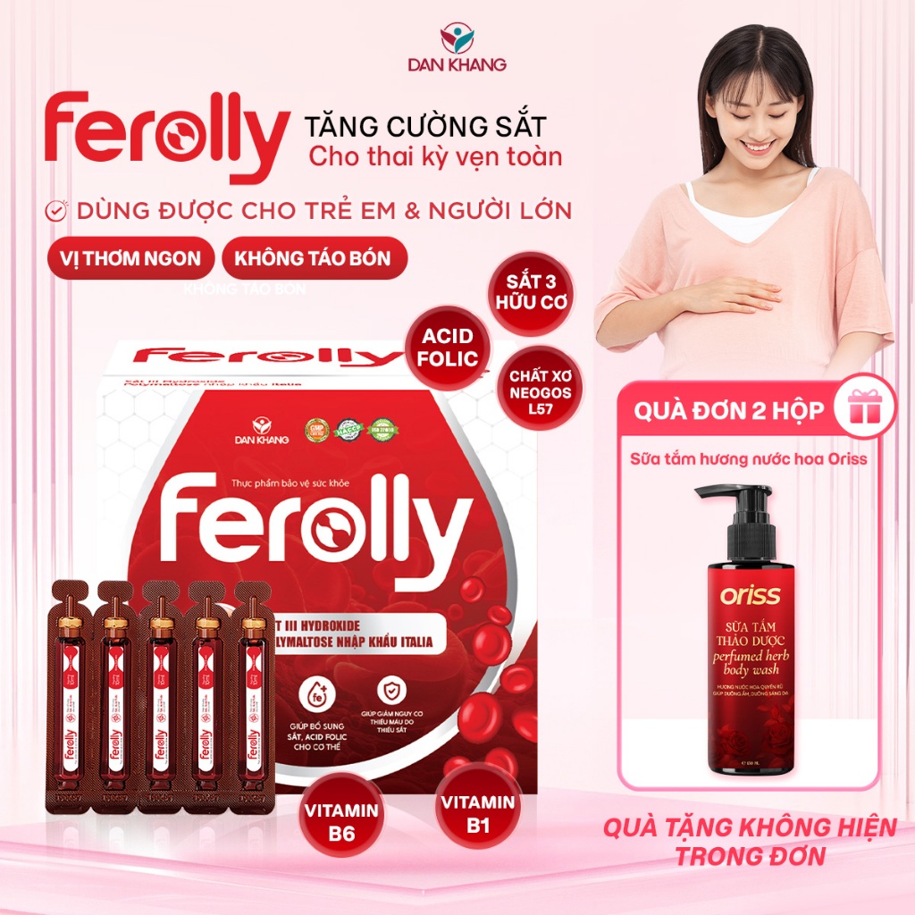 Ống bổ sung sắt acid folic không tanh, không táo bón Ferolly Dân Khang cho mẹ bầu và người thiếu máu