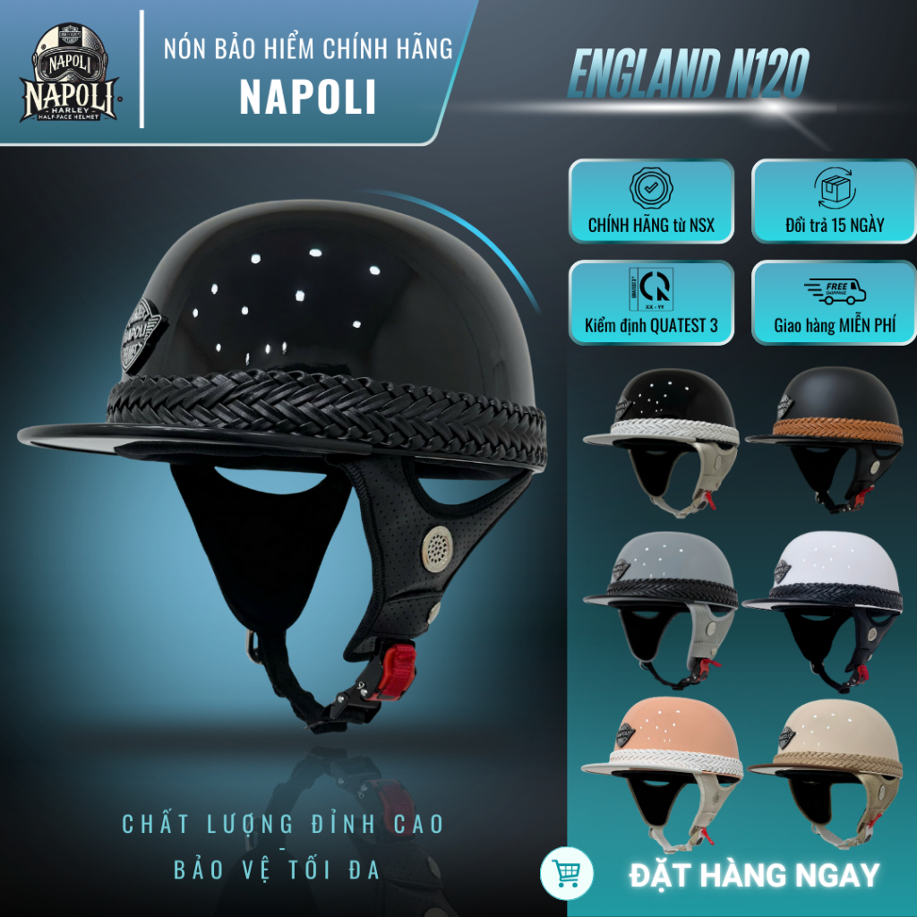 Mũ Bảo Hiểm Napoli Phong Cách UK Anh Nửa Đầu FREESHIP - CHÍNH HÃNG Nón Bảo Hiểm 1/2 Napoli England