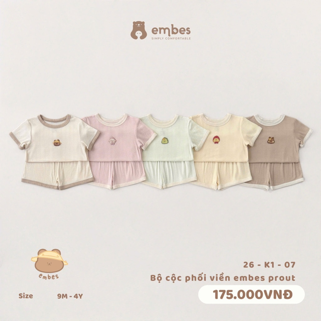 Bộ cộc phối viền Embes Pruot chất vải thông hơi thoáng mát cho bé trai bé gái mẫu mới 2026 BEO.Kids