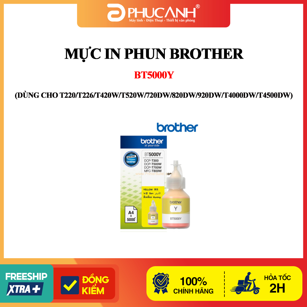 Mực in phun Brother BT5000Y (Dùng cho T220/T226/T420W/T520W/720DW/820DW/920DW/T4000DW/T4500DW)