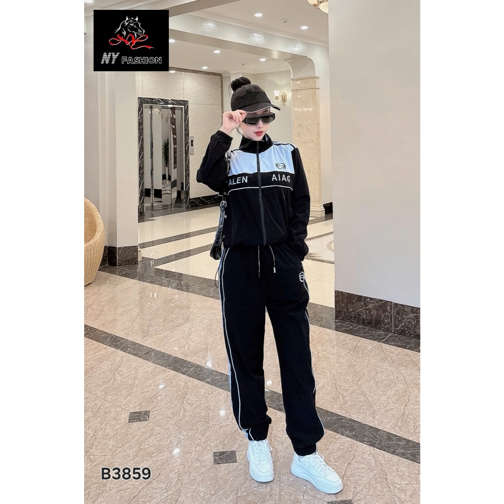 NY3859 - Set bộ gió thể thao, Bộ đồ nữ thể thao kéo khóa cổ trụ thêu chữ phối màu